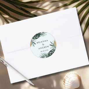 Elegant, Groene Palm, Gouden (Nep) Rand Ronde Sticker