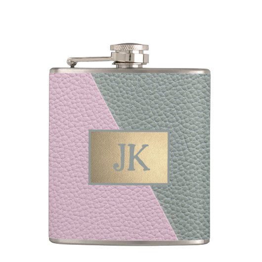 Elegant groene roze leer Monogram   Heupfles (Voorkant)
