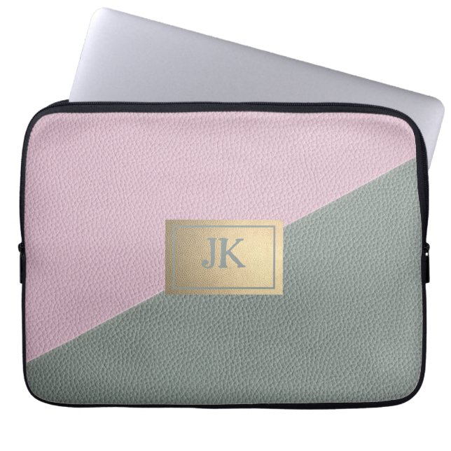 Elegant groene roze leer Monogram   Laptop Sleeve (Voorkant)