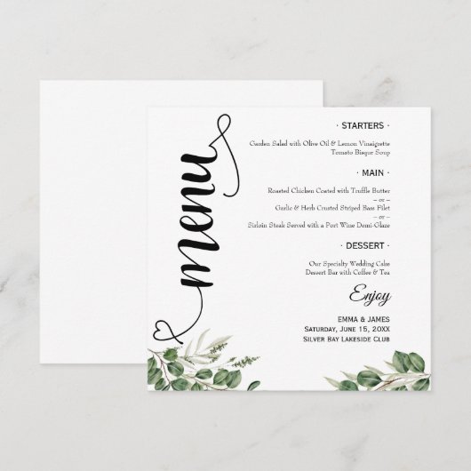 Elegant Groene Script Ronde Trouwmenu Menu (Voorkant / Achterkant)