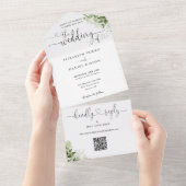 Elegant groene scriptie harten QR-code bruiloft All In One Uitnodiging (Afscheurbaar)