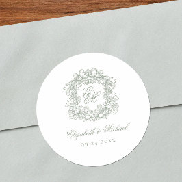 Elegant groene vintage monogram wapen Huwelijk Ronde Sticker