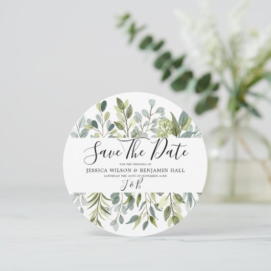 Elegant groene watercolorbladeren save the date (Staand voorkant)