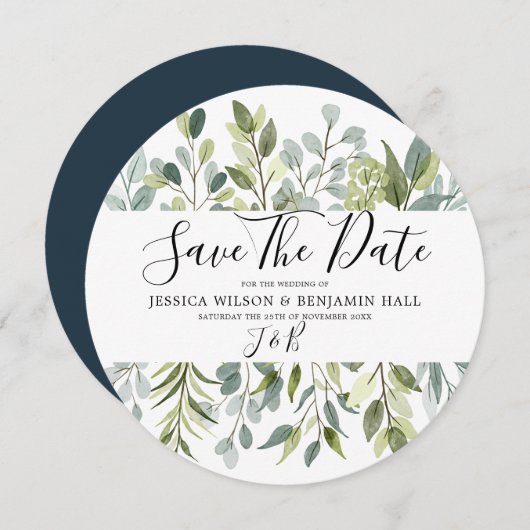 Elegant groene watercolorbladeren save the date (Voorkant / Achterkant)