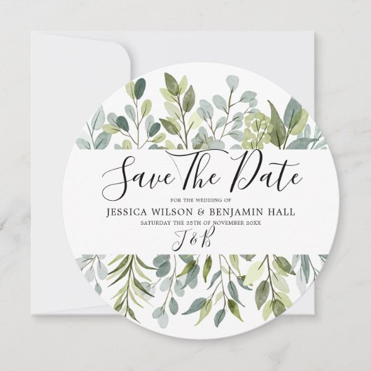 Elegant groene watercolorbladeren save the date (Voorkant)