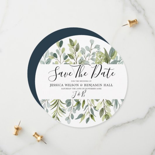 Elegant Groene Waterverf Bladeren Save The Date (Voorkant / Achterkant in situ)