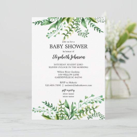 Elegant Groene Waterverf Botanisch Baby shower Kaart (Staand voorkant)