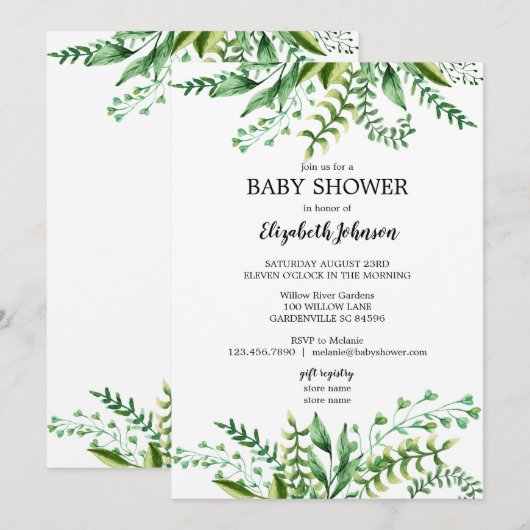 Elegant Groene Waterverf Botanisch Baby shower Kaart (Voorkant / Achterkant)