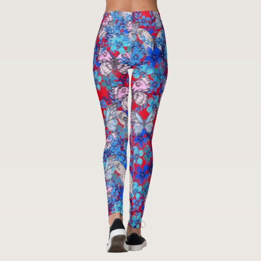 Elegant grote kleurrijke vlinders bloemen op rood leggings (Achterkant)