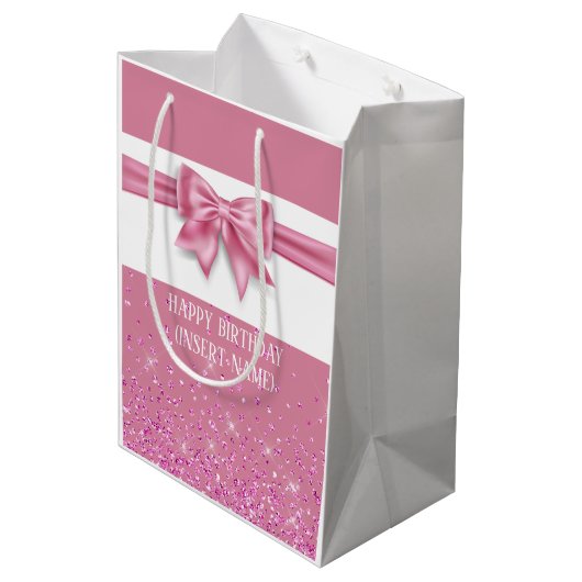 Elegant grote roze boegglitter spargel medium cadeauzakje (Achterkant Gekanteld)