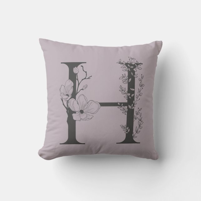 Elegant H Boho Floral Monogram Initiaal Lila grijs Kussen (Voorkant)
