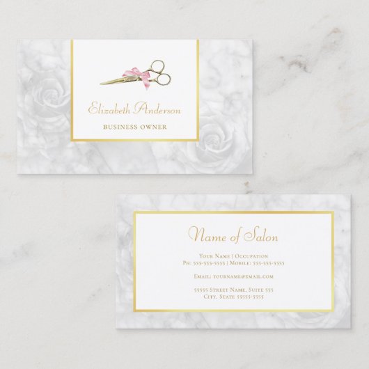 Elegant haar Salon Gouden Schaar Wit Rose Marmer Visitekaartje (Voorkant / Achterkant)
