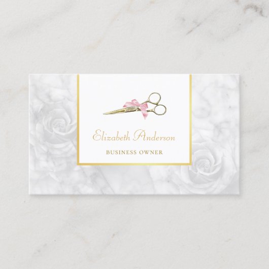 Elegant haar Salon Gouden Schaar Wit Rose Marmer Visitekaartje (Voorkant)