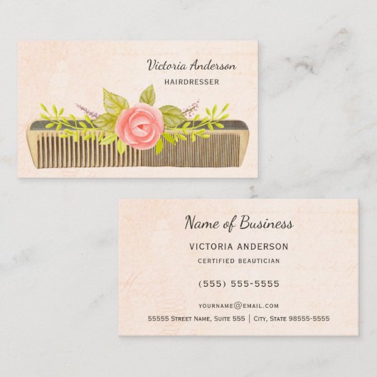 Elegant haarser met  kam en Rozen Visitekaartje (Voorkant / Achterkant)