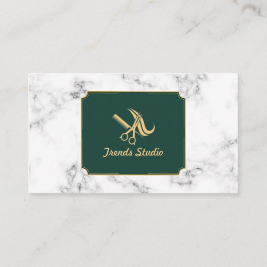 Elegant Haarstylist Salon Groen Goud Border Marmer Visitekaartje (Achterkant)
