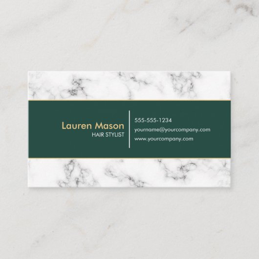 Elegant Haarstylist Salon Groen Goud Border Marmer Visitekaartje (Voorkant)