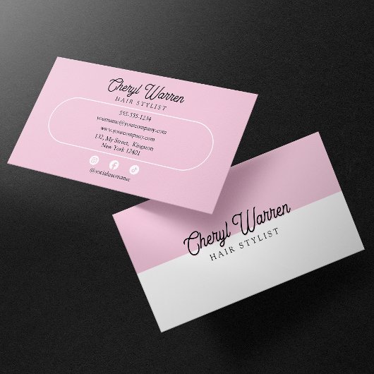 Elegant Haarstylist Script Wit & Roze Minimaal Visitekaartje