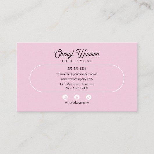 Elegant Haarstylist Script Wit & Roze Minimaal Visitekaartje (Voorkant)