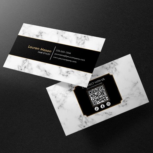 Elegant Haarstylist Zwart Goud Marmer QR Code Visitekaartje