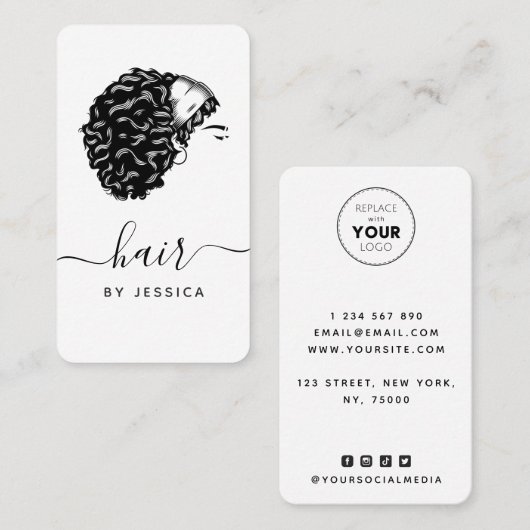 Elegant Hair Salon Black & White Afro Hair Girl Visitekaartje (Voorkant / Achterkant)
