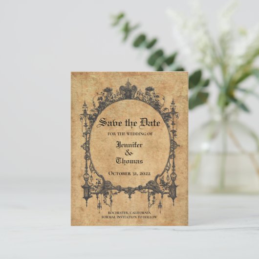 Elegant halloween bruiloft, behalve het date brief aankondigingskaart (Staand voorkant)