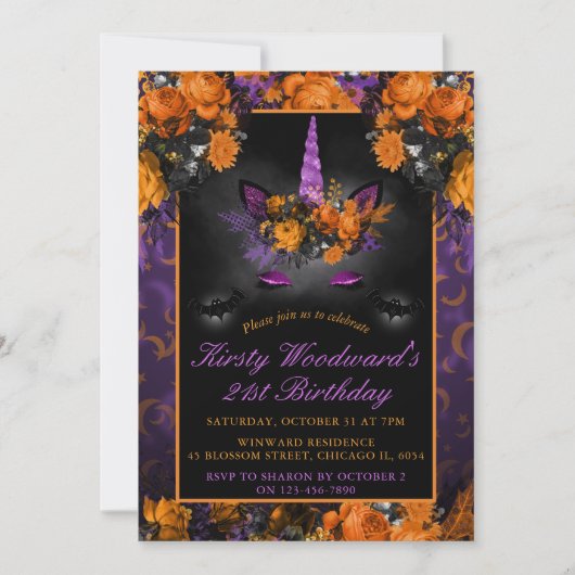 Elegant Halloween Flowers Unicorn Birthday Kaart (Voorkant)
