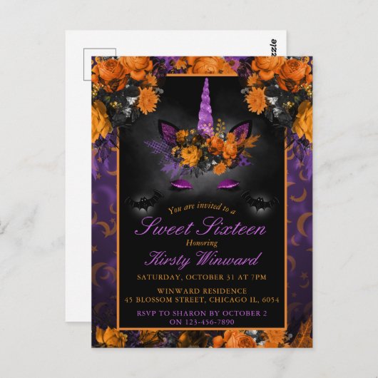 Elegant Halloween Flowers Unicorn Sweet 16 Invitat Briefkaart (Voorkant / Achterkant)