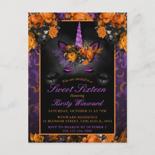 Elegant Halloween Flowers Unicorn Sweet 16 Invitat Briefkaart (Voorkant)