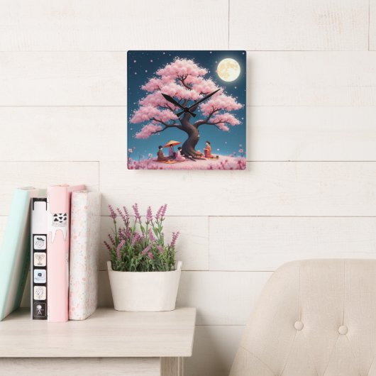 Elegant Hanami Cherry Blossom Wall Clock Vierkante Klok (Leeskamer)