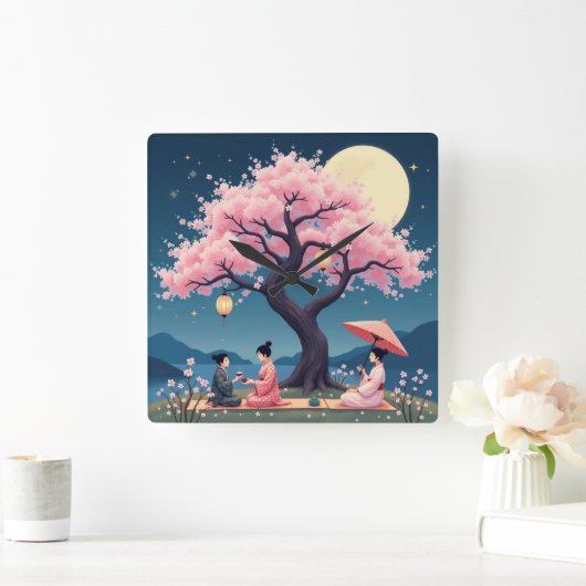 Elegant Hanami Cherry Blossom Wall Clock Vierkante Klok (Huis)