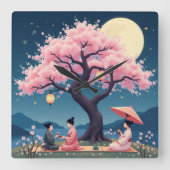 Elegant Hanami Cherry Blossom Wall Clock Vierkante Klok (Voorkant)