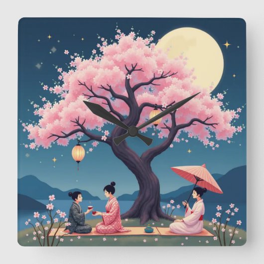 Elegant Hanami Cherry Blossom Wall Clock Vierkante Klok (Voorkant)