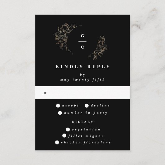 Elegant Hand Drawn Botanical Monogram Weddenschap RSVP Kaartje (Voorkant)