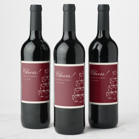 Elegant Hand drawn Burgundy Old Money Wedding Wijn Etiket (Flessen)