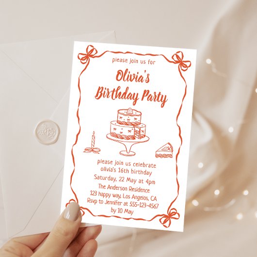 Elegant Hand-Drawn Cake & Ribbon Birthday Party Kaart