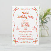 Elegant Hand-Drawn Cake & Ribbon Birthday Party Kaart (Staand voorkant)