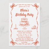 Elegant Hand-Drawn Cake & Ribbon Birthday Party Kaart (Voorkant)