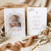 Elegant Hand-Drawn Cross Floral Baptism Photo Kaart