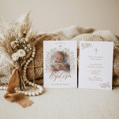 Elegant Hand-Drawn Cross Floral Baptism Photo Kaart