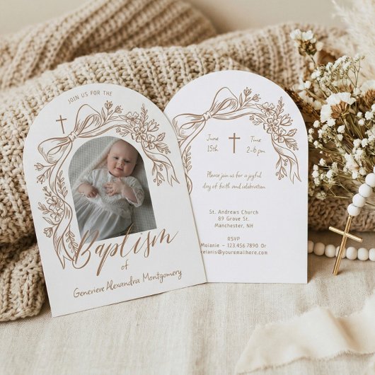 Elegant Hand-Drawn Floral Bow Arch Baptism Photo Kaart