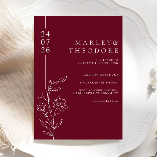Elegant Hand Drawn Floral Burgundy Wedding Kaart