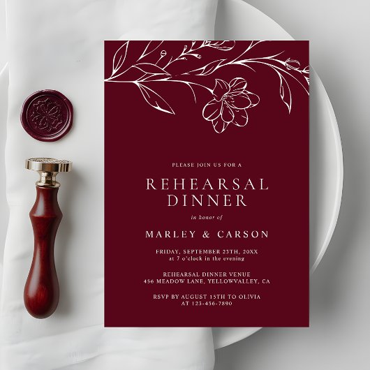 Elegant Hand Drawn Floral Wedding Rehearsal Dinner Kaart