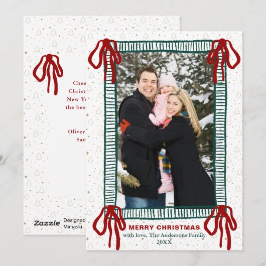Elegant Hand Drawn Red Bow Christmas Photo Feestdagenkaart (Voorkant / Achterkant)