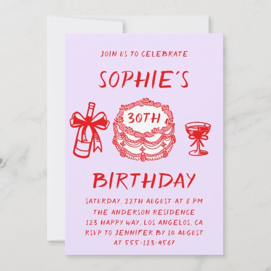 Elegant Hand Drawn Red Cake 30th Birthday Kaart (Voorkant)