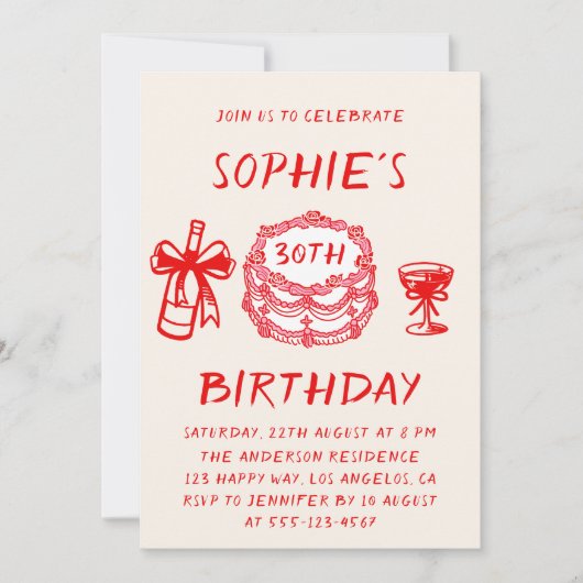 Elegant Hand Drawn Red Cake 30th Birthday Kaart (Voorkant)