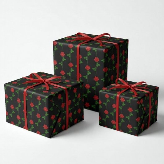 Elegant Hand-Drawn Rose Wrapping Paper on Black  Cadeaupapier