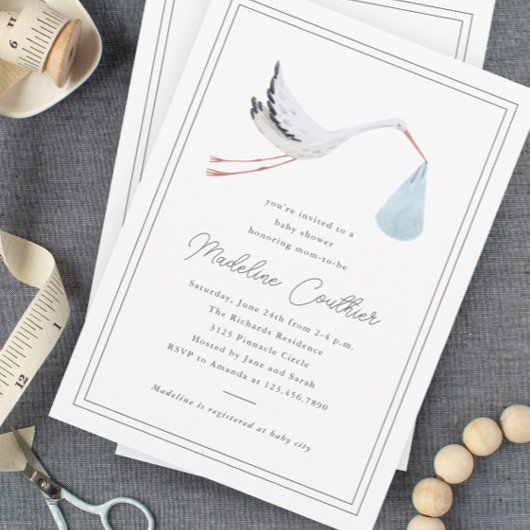 Elegant Hand Drawn Stork Boys Baby shower Kaart