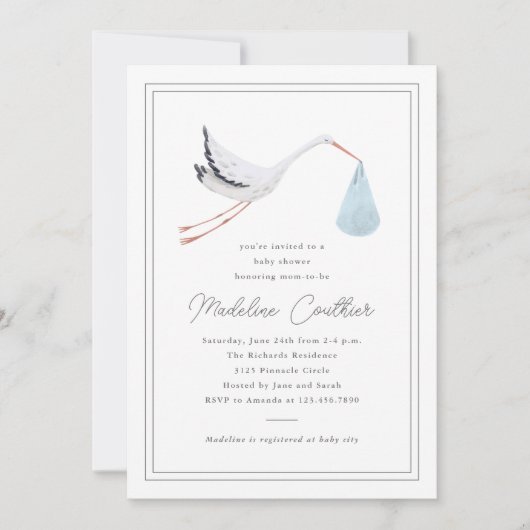 Elegant Hand Drawn Stork Boys Baby shower Kaart (Voorkant)