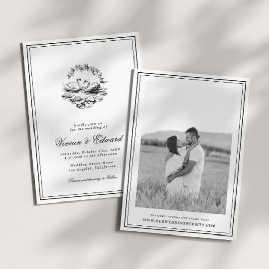 Elegant Hand Drawn Swan Vintage Botanical Wedding Kaart