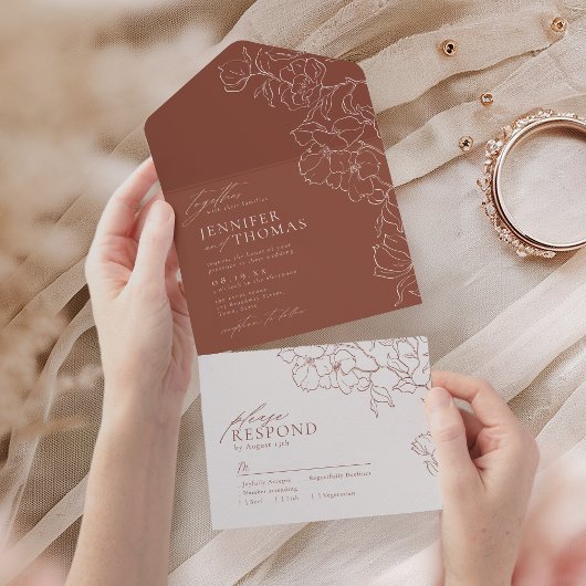 Elegant hand getrokken florale terracotta bruiloft all in one uitnodiging